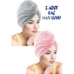 Chizgy 2 Adet Kalın Mikrofiber 2 Düğmeli Saç Havlusu Saç Bonesi Banyo Deniz ve Havuz Sonrası Plaj - Pembe - Gri