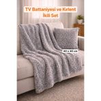 CHIZGY Welsoft Peluş TV Battaniyesi 110x170 cm + Kırlent 40x40 2’li Set Ultra Yumuşak Gri