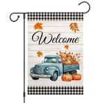 ChloropLastid Welcome Fall Kamyon Bahçe Bayrağı Rustik Ahşap Tahta Manda Kareli Ekose Kabaklar Akçaağaç Yaprakları Hasat Avlu Bayrağı Çift Taraflı Şükran Günü Dış Mekan Bahçe Dekorasyonu 30,5 x 45,5 cm
