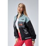 CHOS7N Kadın Oversize Baskılı Motorcu Yarışçı Montu Kolej Ceketi