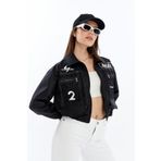 CHOS7N Kadın Oversize Kot Ceket Kolları Deri Garnili Motorcu Montu Baskılı Yarışçı Kolej Bomber Ceket