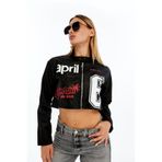 CHOS7N Kadın Streetwear Deri Crop Ceket – Baskılı Motorcu Stil Kısa Mont Siyah