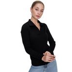 Chuba 22WK203 Siyah Polo Yaka Rahat Kalıp Fitilli İnce Triko Kadın Kazak