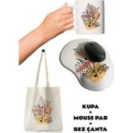 Çiçek Desenli Baskılı Bilek Destekli Mouse Pad + Kupa Bardak Mug + Ham Bez Çanta