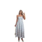 Çiçek Desenli Maxi Elbise, Açık Mavi Zeminde Pembe Güller, İnce Askılı, A-Line Kesim (Mavi, L)
