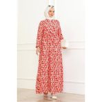 Çiçek Desenli Önü Bağlamalı Elbise / Kırmızı - 50 - 52