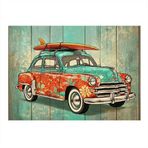 Çiçek Desenli Retro Araba Desenli Ahşap Tablo 50cmX 70cm