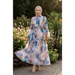 Çiçek Desenli Şifon Elbise 50001-04 Mavi - 38