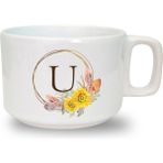 Çiçek Desenli U Harfi Baskılı Seramik Beyaz Kahve Kupası - 199 ml