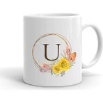 Çiçek Desenli U Harfi Baskılı Seramik Beyaz Kupa - 199 ml
