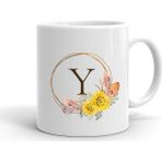 Çiçek Desenli Y Harfi Baskılı Seramik Beyaz Kupa - 199 ml