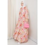 Çiçek Desenli Yarasa Kol Tesettür Elbise 1570 - Pembe - 36