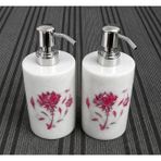 Çiçek Sanatı Kakmalı Mermer Sabunluk | Banyo, Lavabo, Mutfak Lavabo Dekoru için El Yapımı Dekoratif Sıvı Sabun Pompası Şişesi | 7 x 7 x 13 cm Lüks El Yıkama Dispenseri 2'li Set