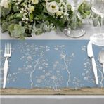 Çiçek Tasarımlı Mavi Kumaş Amerikan Servis 4'lü Set (Keten, Ulusl.yıkama ve Solmama Sertifikası) - 35 x 50 cm - Çok Renkli