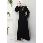 Çiçek Taşlı Kuşaklı Ferace Siyah HM2713