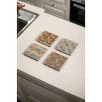 Çiçek Tile Desen Mandala Tema Doğal Taş Traverten Bardak Altlığı 4 Lü Set