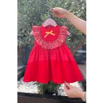 Çiçekli Fırfır ve Kurdele Detaylı Kırmızı Kız Çocuk Bebek Poplin Elbise
