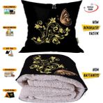 Çiçekli Kelebek Desen Tv Battaniyeli Opsiyonel Dekoratif Yastık Kırlent 2 In 1 Battaniye - 115 x 170 cm - Renkli