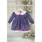 Çiçekli Kız Çocuk Bebek Dantelli Bebe Yaka Mavi Pembe Pamuk Elbise - 1 - 1,5 Yaş