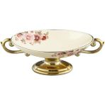 Çiçekli Vintage Tatlı ve Meyve Kasesi, Seramik Ayaklı Sunum Tabağı 29,5 cm - Bej