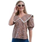 Çiçekli Vintage Yakalı Dantelli Bluz (Kahverengi, 3XL)