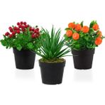 Çiçekmisin 3’lü Set Siyah Mini Plastik Saksıda Yapay Kokina, Aloe Vera ve Mandalina Çiçeği - Turuncu
