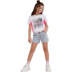Cichild Kız Çocuk Baskılı Lastikli Tişört Beyaz Neon Pembe Detaylı Rahat Kesim - 10 - 11 Yaş - Beyaz - Pembe
