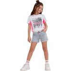 Cichild Kız Çocuk Baskılı Lastikli Tişört Beyaz Neon Pembe Detaylı Rahat Kesim - 7 - 8 Yaş - Beyaz - Pembe
