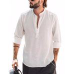 Cicilin Henley Tops Rahat Uzun Kollu Bant Yaka Fit Beyaz Erkek Gömlek
