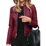 Cicilin Shacket Moto Biker Fit Blazer Kırmızı Red Wine Kadın Deri Ceket Kaban