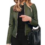 Cicilin Shacket Moto Biker Fit Blazer Yeşil Ordu Kadın Deri Ceket Kaban