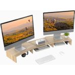 Çift Ahşap Monitör Standı, Ayarlanabilir & Döndürülebilir - Bej
