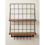 Çift Ahşap Raflı Metal Duvar Rafı 6 Kancalı Mutfak & Banyo Organizer 60+40 Cm