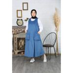 Çift Cepli Salopet Kadife Elbise - İndigo - 1
