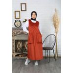 Çift Cepli Salopet Kadife Elbise - Kiremit - 1
