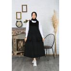 Çift Cepli Salopet Kadife Elbise - Siyah - 2