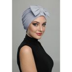 Çift Fiyonklu Açık Gri Hazır Türban Tesettür Havuz Bonesi