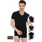 Çift Kaplan Erkek Elastanlı V Yaka Siyah T-Shirt 0956 3'lü Paket
