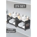Çift Katlı Çok Amaçlı Makyaj ve Takı Düzenleyici Organizer Antrasit, 2'li Set - Altın - Gri