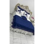 Çift Kişilik 180X200 cm Yatağa Uygun Fırfırlı Etekli Lastikli Çarşaf, Fırfırlı Yastık Kılıfı ve Fırfırlı Pike Setiiçift - Lacivert - Beyaz