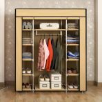 Çift Yandan Raflı Askılı Plastik Profilli Kumaş Bez Dolap, Geniş Portatif Gardırop - Bej