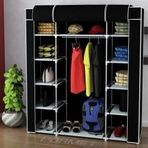Çift Yandan Raflı Askılı Plastik Profilli Kumaş Bez Dolap Geniş Portatif Gardırop-Siyah
