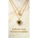Çift Zincirli Zümrüt Yeşil Taşlı Kalp Kolye Altın Kaplama Romantik Kolye Sevgiliye Hediye Kolye