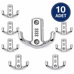 Çiftli Krom Metal Duvar Askısı, Vidalı, 7.5x5 cm, Elbise Çanta Havlu Askılığı, Portmanto Vestiyer, 10'lu Paket