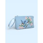 CIGDEMCALISKAN Blue Serenity Kadife Makyaj Çantası & Clutch | Kuş Çiçek Nakışlı, Pamuk Astarlı - 13cm x 20cm x 5cm - Bebek Mavisi