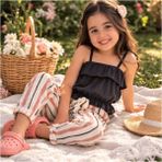 Çikoby Kız Çocuk Askılı Crop Siyah T-Shirt Çizgili Pantolon Alt-Üst Takım - 3 - 4 Yaş - Kakao - Ten - Gri Melanj - Siyah Çiz
