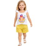 Çikoby Kız Çocuk İkili Takım Baskılı Beyaz Fırfırlı Askılı Kolsuz Bluz Sarı Şort - 12 - 18 Ay - Sarı - Beyaz