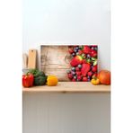 Çilek Ahşap Desen Cam Kesme Tahtası, Silikon Ayaklı Sunum Kesim Doğrama Tablası, Temperli ve Rodajlı - 30 x 45 cm