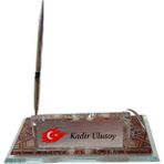 Çılgıntrend Kişiye Özel Türk Bayrak Tasarımlı Kristal Masa Isimliği - Kalemli ve Saatli