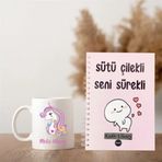 Çılgıntrend Kişiye Özel Unicorn Tasarımlı Kupa & “Sütü Çilekli Seni Sürekli” Spiral Ajanda Hediye Seti